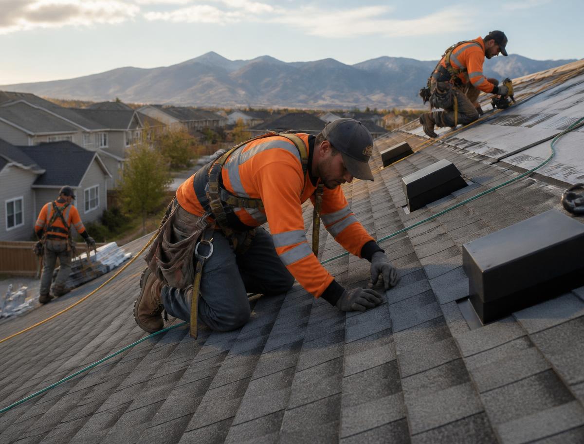 Roofing crew at work on a residential roof in Colorado
