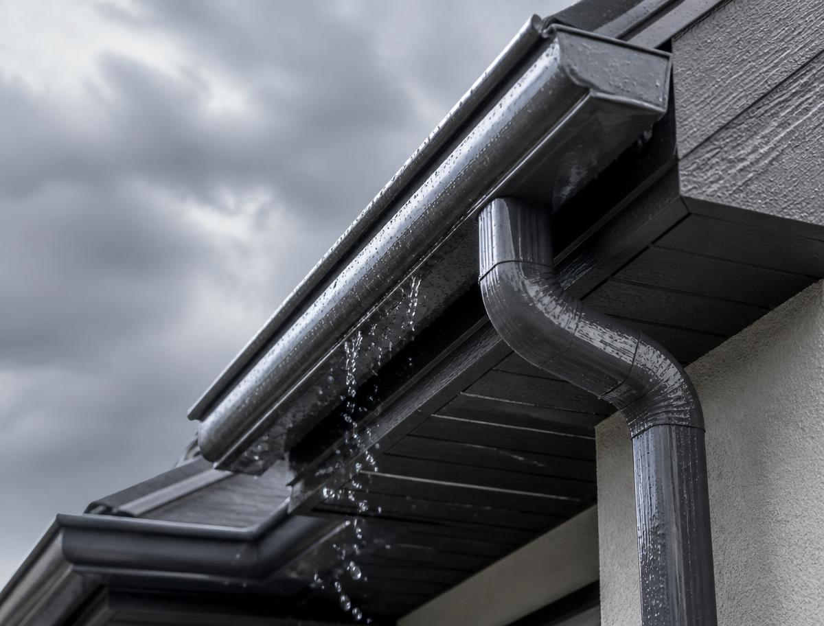 Seamless metal gutter and downspout installed on a home