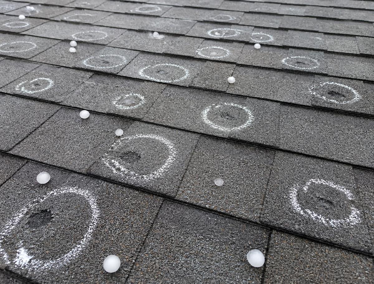 Hail damage marked with chalk circles on asphalt shingles during a roof insurance inspection